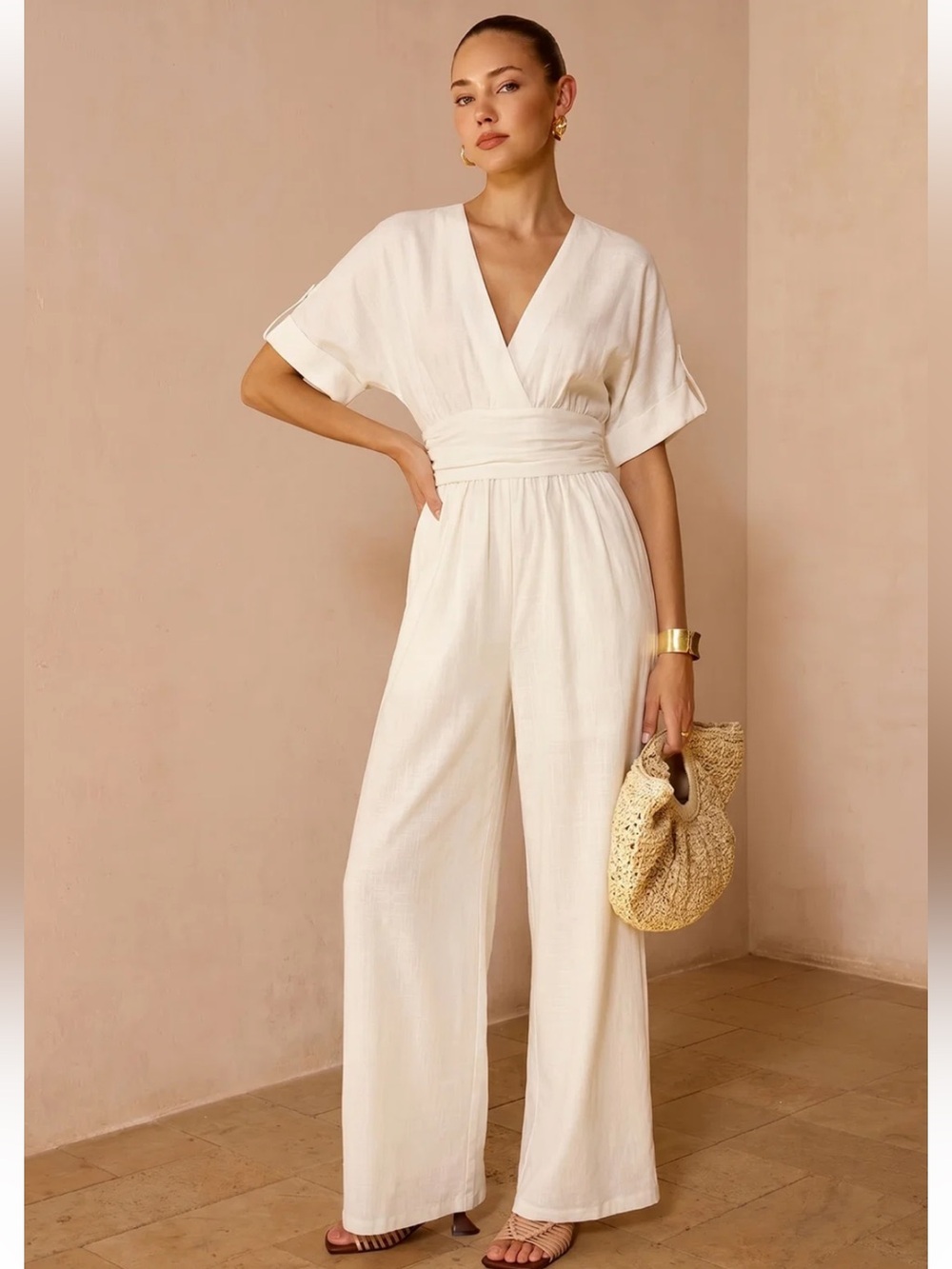 NWT Commense Tencel Blend Ruched Waist Wide Leg Jumpsuit